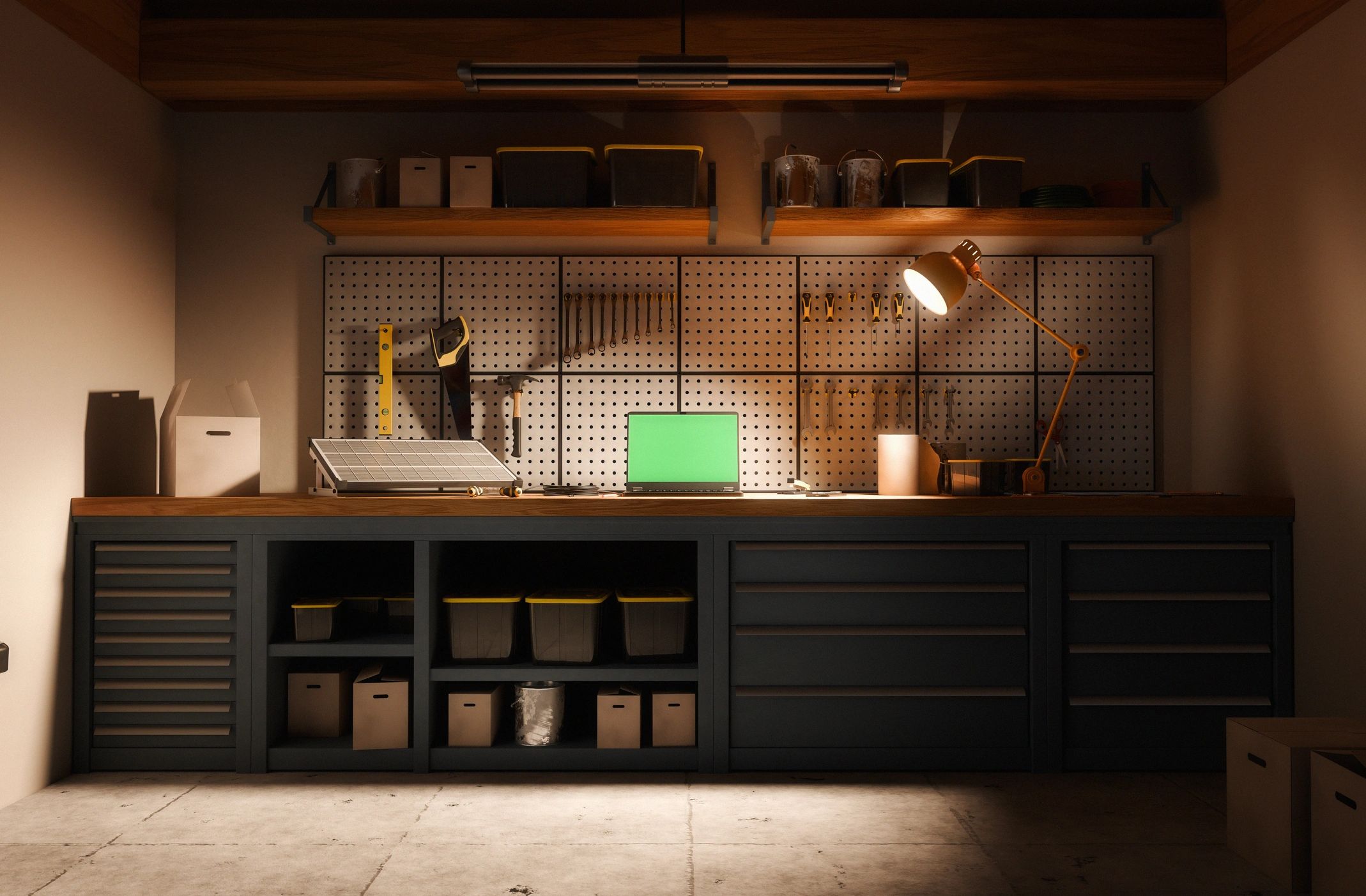 Automotive research and planning workspace in a garage